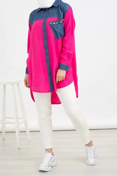 Taş İşlemesi Fay Tencel Tunik - Fuşya - 4