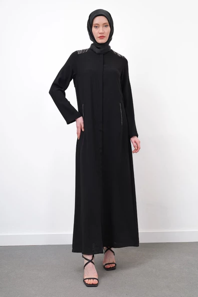 Taş İşlemeli Malibu Ferace - Siyah - 6