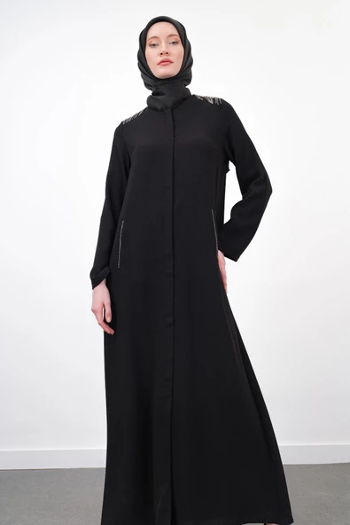 Taş İşlemeli Malibu Ferace - Siyah - 5