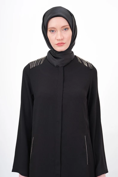 Taş İşlemeli Malibu Ferace - Siyah - 8