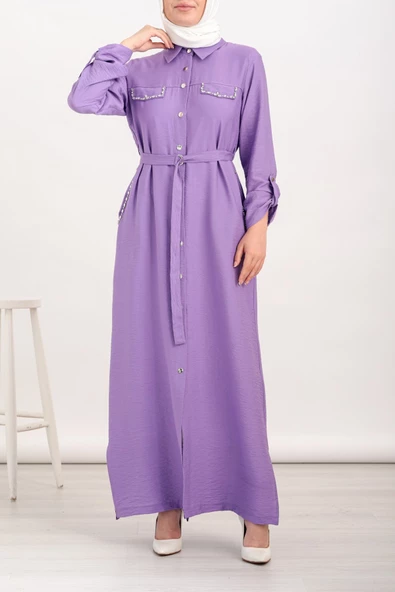 Taş İşlemeli Keten Ferace - Lila - 3