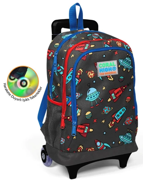 Coral High Uzay ve Gezegenler Baskılı Çekçek Okul Çantası - Işıklı Tekerlekler