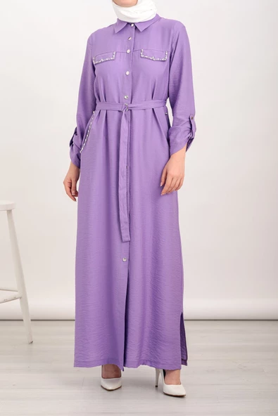 Taş İşlemeli Keten Ferace - Lila - 5