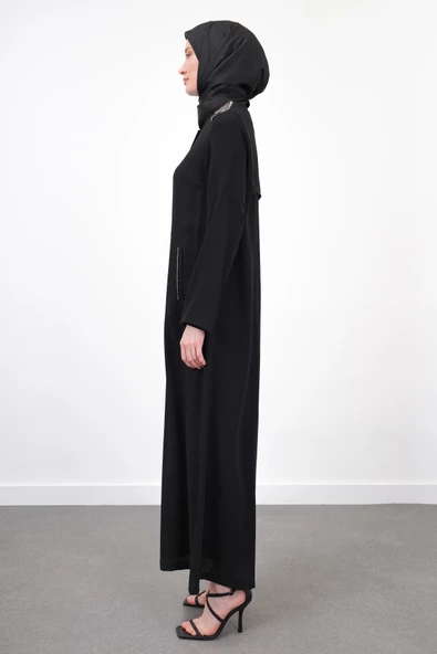 Taş İşlemeli Malibu Ferace - Siyah - 2