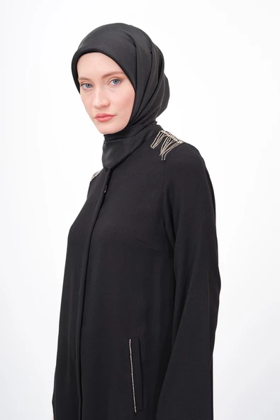 Taş İşlemeli Malibu Ferace - Siyah - 7