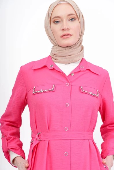 Taş İşlemeli Keten Ferace - Fuşya - 7