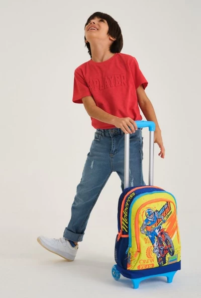 Coral High Işıklı Tekerlekli Motorsiklet Çekçek Okul ve Seyahat Çantası Erkek Çocuk Lacivert Sarı - 3