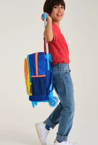 Coral High Işıklı Tekerlekli Motorsiklet Çekçek Okul ve Seyahat Çantası Erkek Çocuk Lacivert Sarı - 4