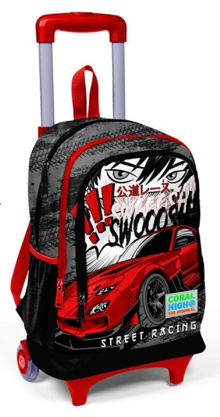 Coral High Işıklı Tekerlekli Yarış Çekçek Okul ve Seyahat Çantası Erkek Çocuk Kırmızı Siyah
