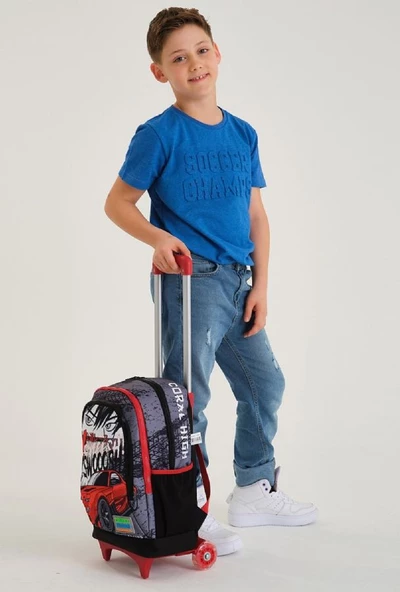 Coral High Işıklı Tekerlekli Yarış Çekçek Okul ve Seyahat Çantası Erkek Çocuk Kırmızı Siyah - 4