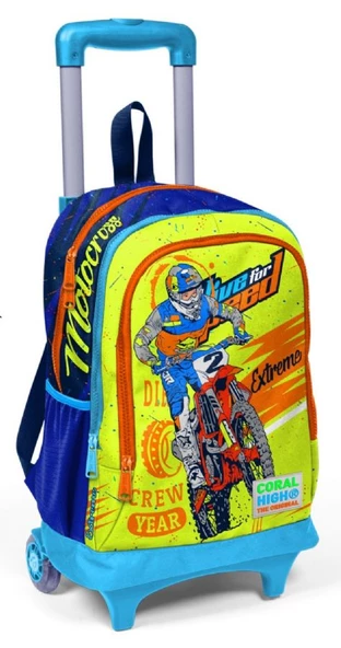 Coral High Işıklı Tekerlekli Motorsiklet Çekçek Okul ve Seyahat Çantası Erkek Çocuk Lacivert Sarı