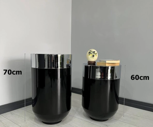 Dekoratif Krom Darbuka Parlak Siyah Saksı 70cm + Sehpa 60cm İkili Set - Resim 3