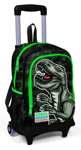 Coral High Yeşil Dinazor Baskılı Işıklı Tekerlekli Çekçek Okul Çantası - Erkek Çocuk ürün görseli
