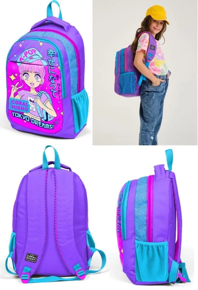 Coral High Mor Pembe Mavi K-Pop İlkokul ve Ortaokul Sırt Çantası Üç Bölmeli Kız Çocuk - 3