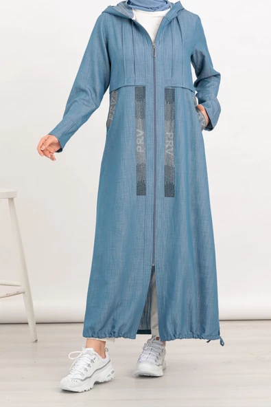 Kapüşonlu Kot Pardesü - Buz Mavi - 3