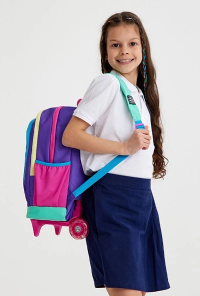Coral High Işıklı Tekerlekli Çekçek Okul ve Seyahat Çantası Kız Çocuk Mor - Resim 4
