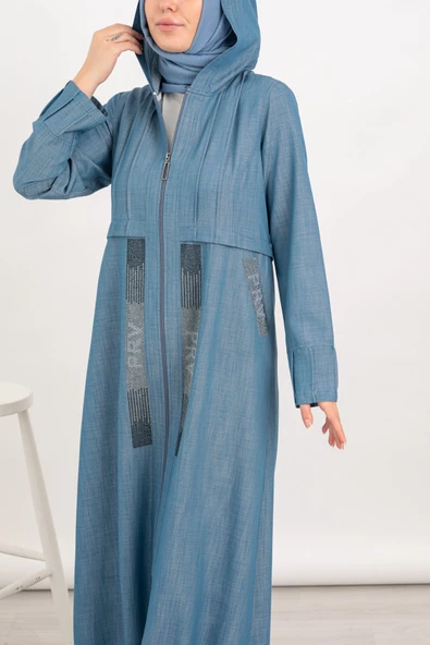 Kapüşonlu Kot Pardesü - Buz Mavi - 5