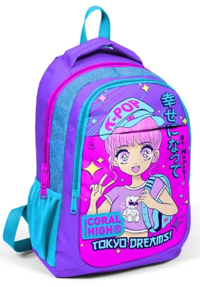Coral High Mor Pembe Mavi K-Pop İlkokul ve Ortaokul Sırt Çantası Üç Bölmeli Kız Çocuk