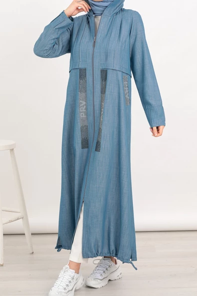 Kapüşonlu Kot Pardesü - Buz Mavi - 4