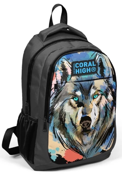 Coral High Siyah Kurt Desenli İlkokul ve Ortaokul Sırt Çantası Üç Bölmeli Erkek Çocuk