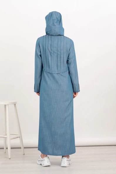 Kapüşonlu Kot Pardesü - Buz Mavi - 7