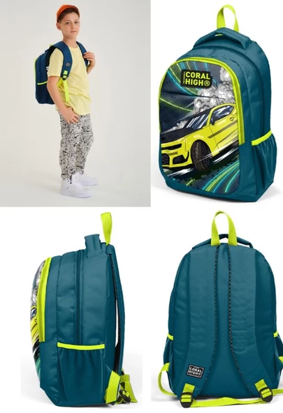 Coral High Nefti/Sarı Araba İlkokul ve Ortaokul Sırt Çantası Üç Bölmeli Erkek Çocuk - Resim 3