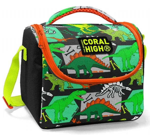 Coral High Siyah Yeşil Dinazor Baskılı Erkek Çocuk Beslenme Çantası