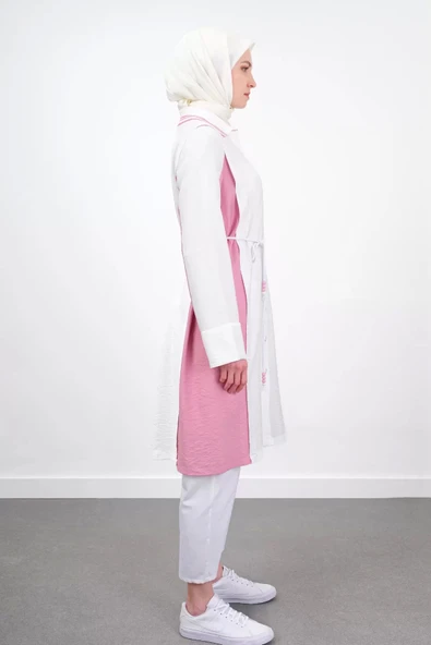 Bel Bağcıklı Taş İşlemeli Tunik - Ekru/Fuşya - 4