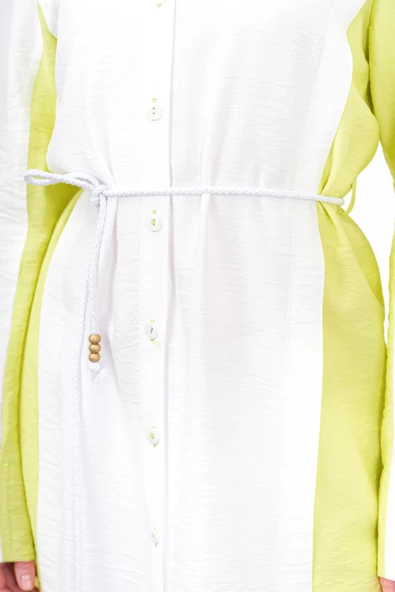 Bel Bağcıklı Taş İşlemeli Tunik - Fıstık Yeşili / Ekru - 6
