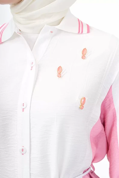 Bel Bağcıklı Taş İşlemeli Tunik - Ekru/Fuşya - 8