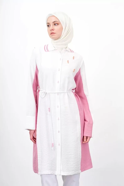 Bel Bağcıklı Taş İşlemeli Tunik - Ekru/Fuşya - 6