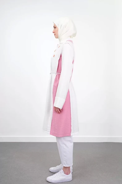 Bel Bağcıklı Taş İşlemeli Tunik - Ekru/Fuşya - 2