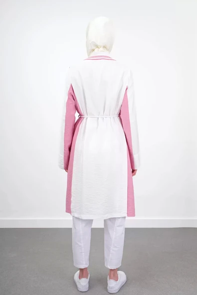 Bel Bağcıklı Taş İşlemeli Tunik - Ekru/Fuşya - 3