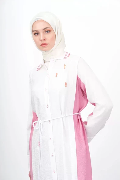 Bel Bağcıklı Taş İşlemeli Tunik - Ekru/Fuşya - 7