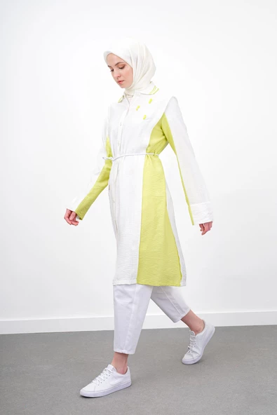 Bel Bağcıklı Taş İşlemeli Tunik - Fıstık Yeşili / Ekru - 5