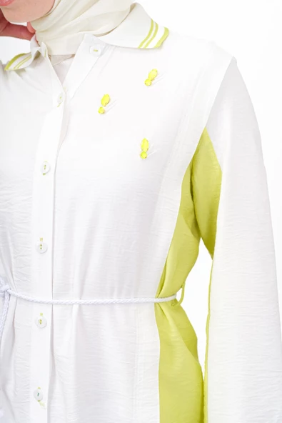Bel Bağcıklı Taş İşlemeli Tunik - Fıstık Yeşili / Ekru - 7