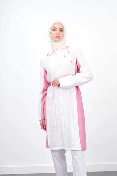 Bel Bağcıklı Taş İşlemeli Tunik - Ekru/Fuşya - 5