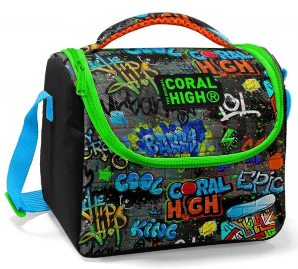 Coral High Erkek Çocuk Siyah Yeşil Grafiti İlkokul Okul Beslenme Çantası - Yalıtımlı