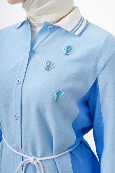 Bel Bağcıklı Taş İşlemeli Tunik - Mavi / Buz Mavi - 6