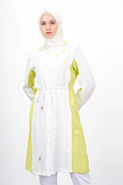 Bel Bağcıklı Taş İşlemeli Tunik - Fıstık Yeşili / Ekru - 4