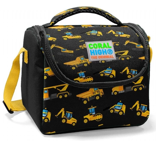 Coral High Siyah Sarı İş Makinesi Baskılı Okul Beslenme Çantası