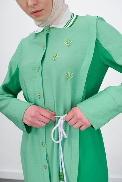 Bel Bağcıklı Taş İşlemeli Tunik - Elma Yeşili/Benetton - 8