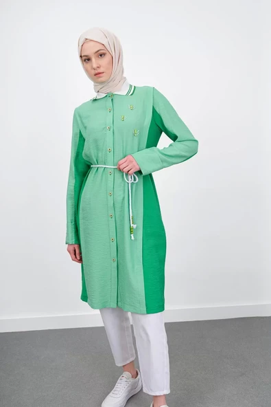 Bel Bağcıklı Taş İşlemeli Tunik - Elma Yeşili/Benetton - 5