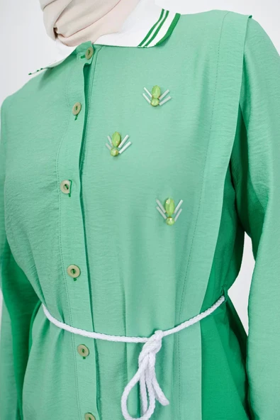 Bel Bağcıklı Taş İşlemeli Tunik - Elma Yeşili/Benetton - 7