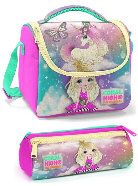 Coral High Pembe Mavi Kız ve Unicorn Kız Çocuk Beslenme Çantası Seti