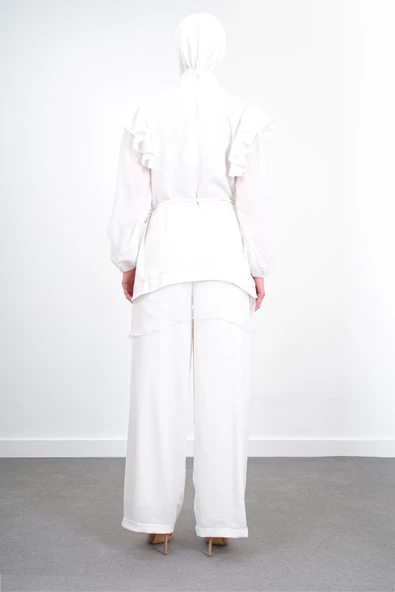 Taş İşlemeli İpek Tencel Takım - Ekru - 3