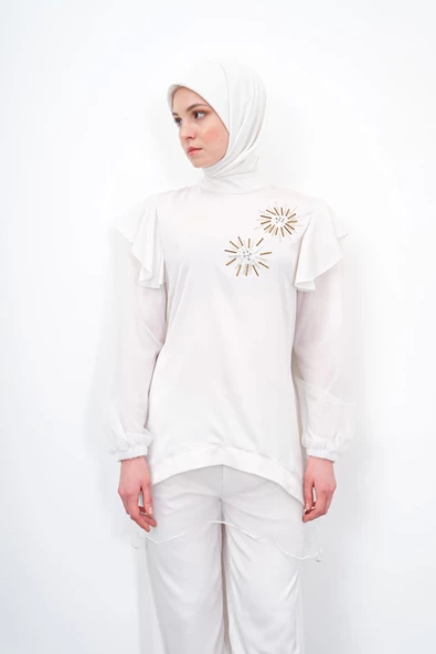 Taş İşlemeli İpek Tencel Takım - Ekru - 6