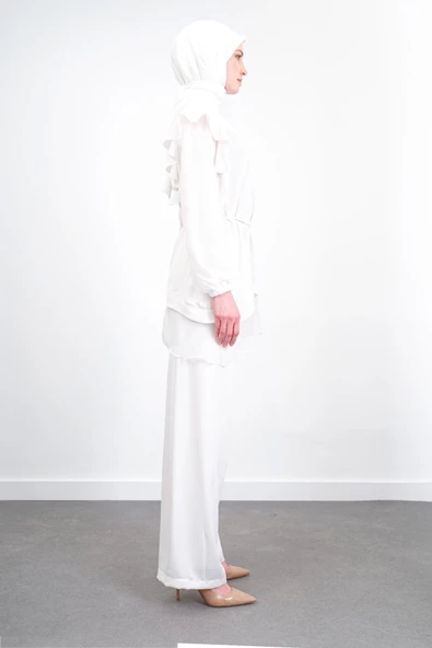 Taş İşlemeli İpek Tencel Takım - Ekru - 4