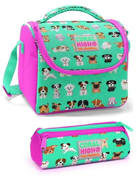 Coral High Kız Çocuk Pembe Yeşil Köpekler Beslenme Çantası Seti ürün görseli