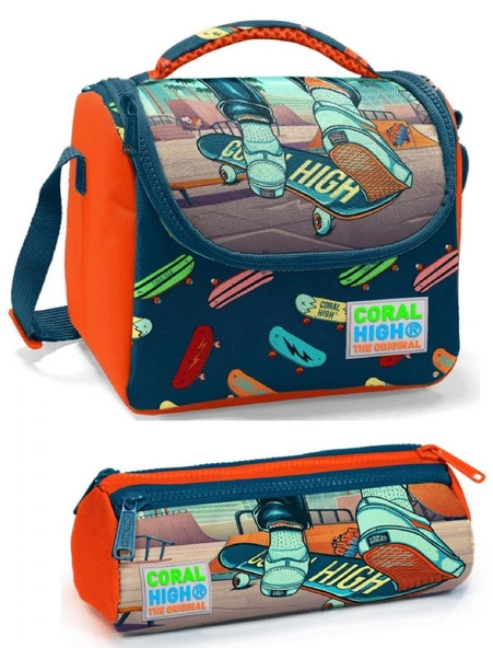 Coral High Erkek Çocuk Turuncu Yeşil Beslenme Çantası Seti ürün görseli